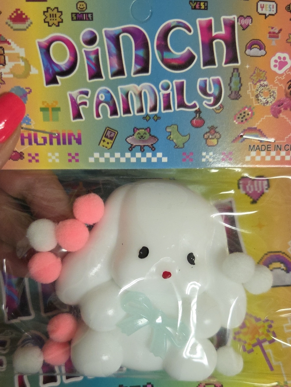 Pinch Family White Bunny Squishy with Pink Pom-Pom Accents